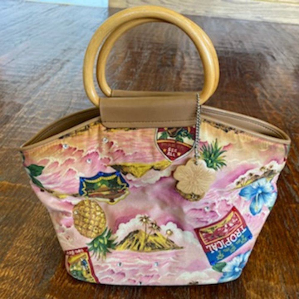 Relic PINK TROPICAL Fabric HANDBAG * Wood Handles * POCKETS & ZIP * Rhinestones